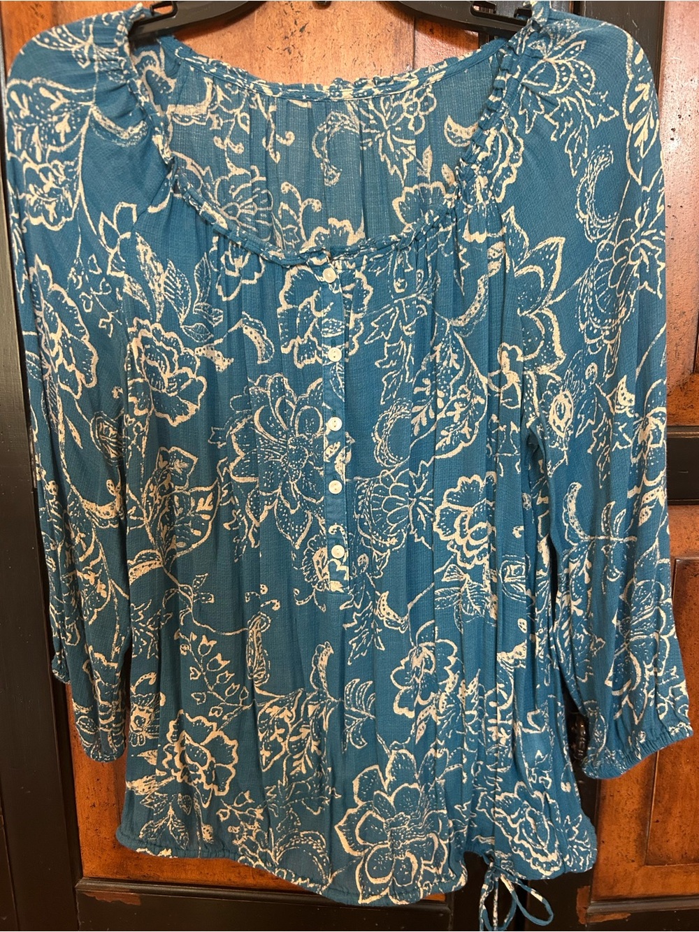 Lucky Brand Teal Blue Floral Peasant Blouse